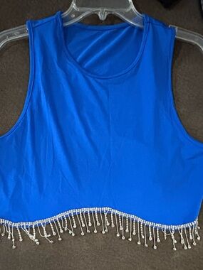 Blue Beaded Fringe Crop Tank Top